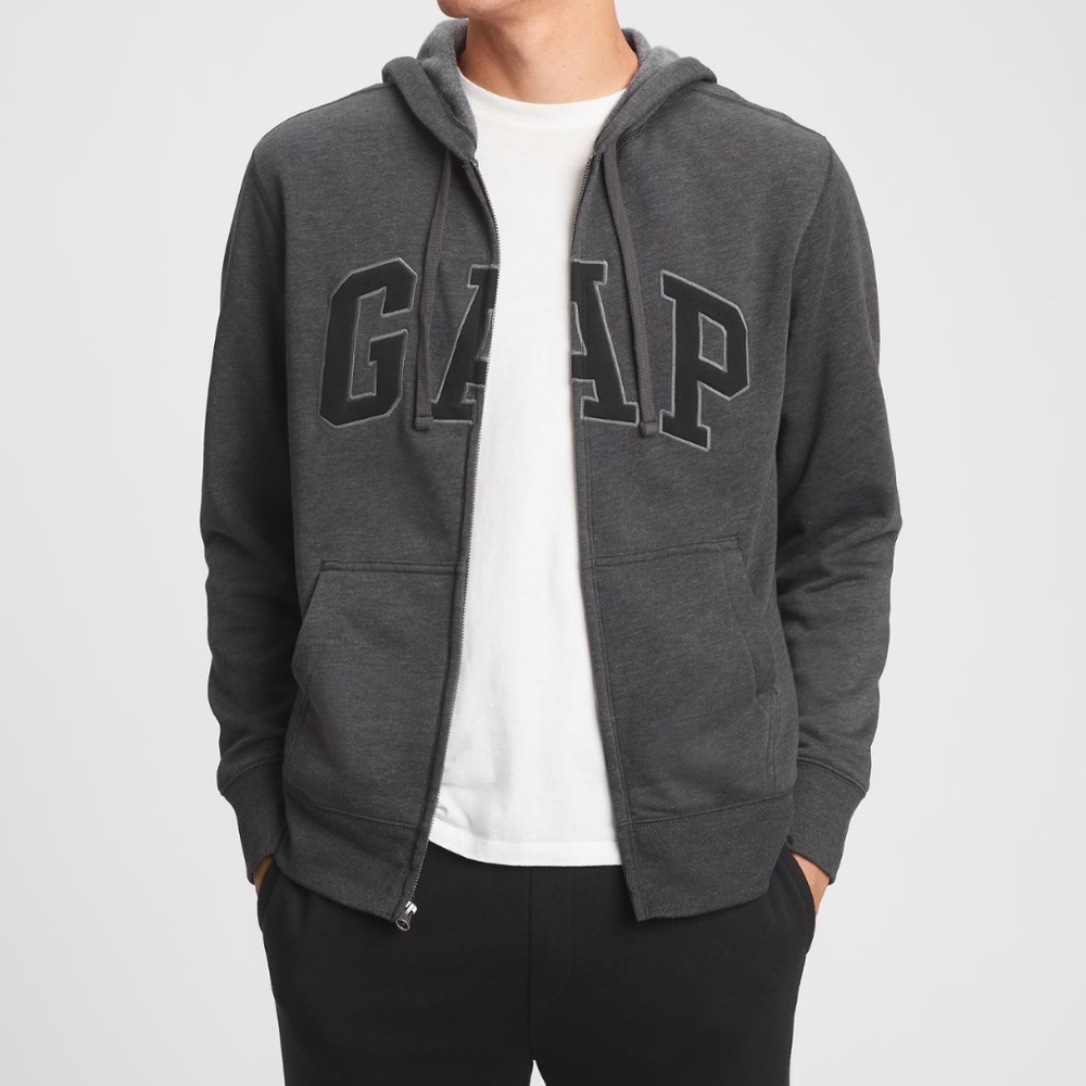 GAP Logo Zip Hoodie Gray Cotton Fleece Kanga Pockets Men’s Size 218871-80-1
